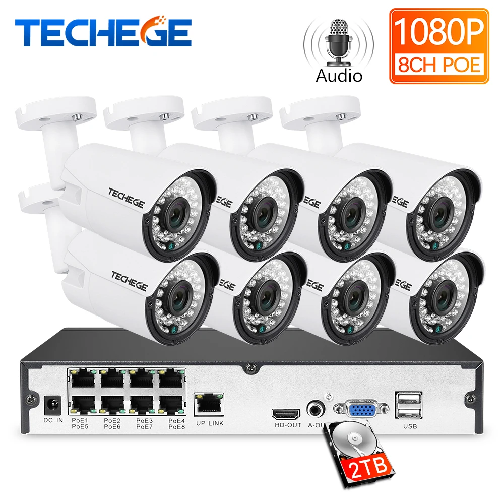 Techege 8CH 1080P CCTV System Audio Record 2MP PoE kit IP Camera 3000TVL Metal Waterproof Night Vis