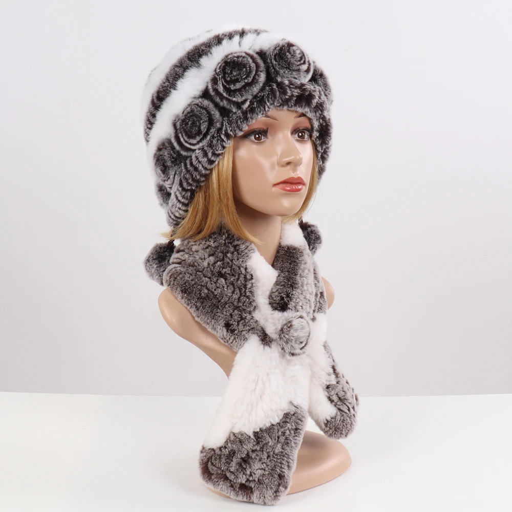 Горячая Распродажа зимние вязаные натуральный мех шапки шарфы женские Теплый Настоящий мех кролика шапка шарф натуральный мех шапка шарф наборы