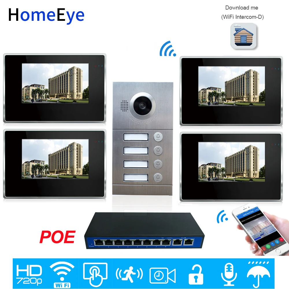 

4-Family Door Access Control System 720P 7'' WiFi IP Video Door Phone Video Intercom iOS/Android APP Remote Unlock POE Supported