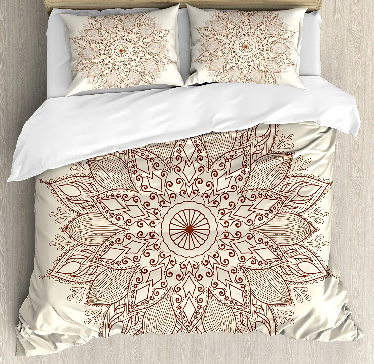 

Beige Duvet Cover Set Mandala Flower Ethnic Lace Circle Ornate Retro Pattern Eastern Universe Artistic 4 Piece Bedding Set