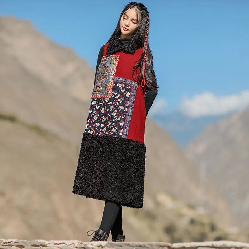 

Johnature Women Embroidery Floral Vest Dress 2019 Autumn New Vintage Patchwork Sleeveless Turn-down Collar Loose Chinese Dress
