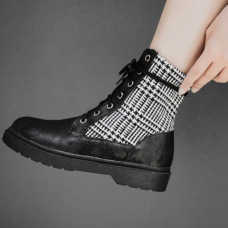 

YMECHIC Autumn 2019 Fashion Vintage Plaid Black Lace Up Ankle Motorcycle Boots Punk Gothic Women Shoes Footwear Bootie Big Size