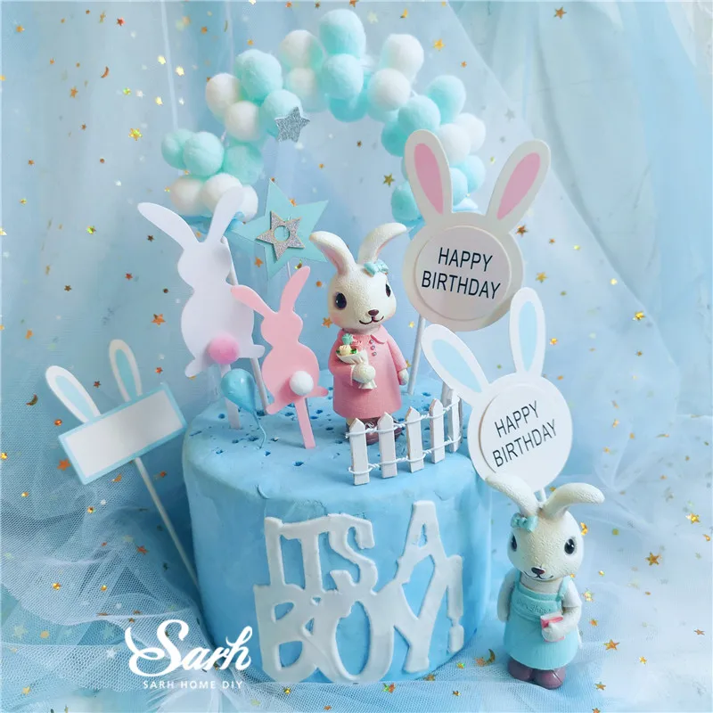 

Rabbit Cake Topper Handwritten Card Happy Birthday Baby Girl's Cake Decoration Party Decorations for Baking Ins Fashion Gifts