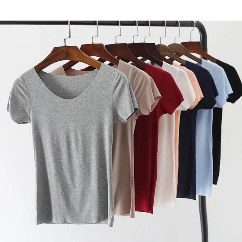 

Women High Stretch Slim Fit T-shirt Summer Short Sleeved Low Cut V Neck Modal Tops Female Casual Workout Tops