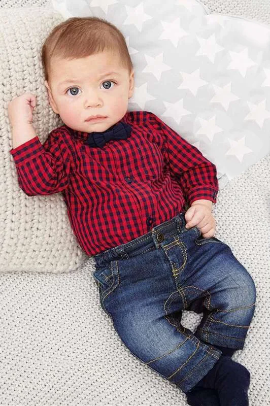 [Lucky& Lucky] baby boys clothing set plaid rompers with bowtie + demin pants fashion baby boy clothes newborn baby clothes