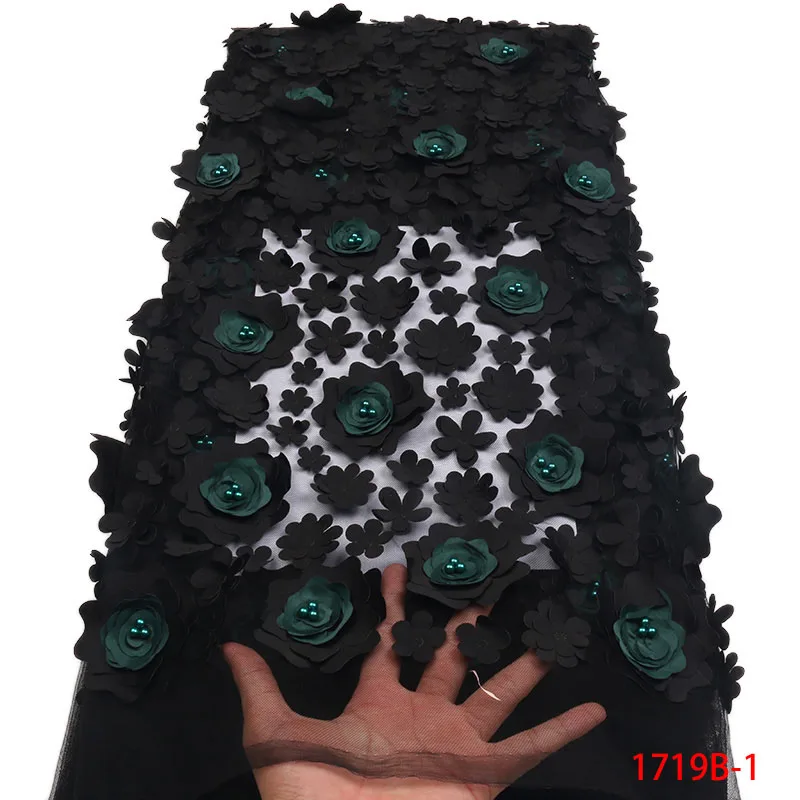 

New Design 3D Flowers Lace Fabrics with Beads Nigerian Tulle Lace Fabric African Material for Women Party Dresses APW1719B-1
