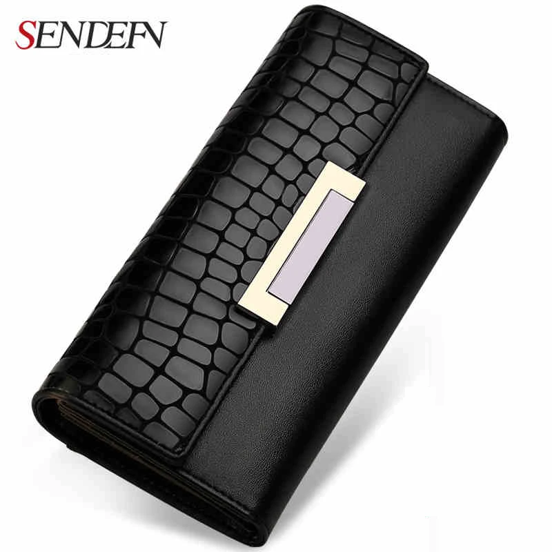 SENDEFN Vintage Genuine Leather Long Fashion Women Wallets Designer Brand Clutch Purse Lady Party Wallet Female Card Holder 