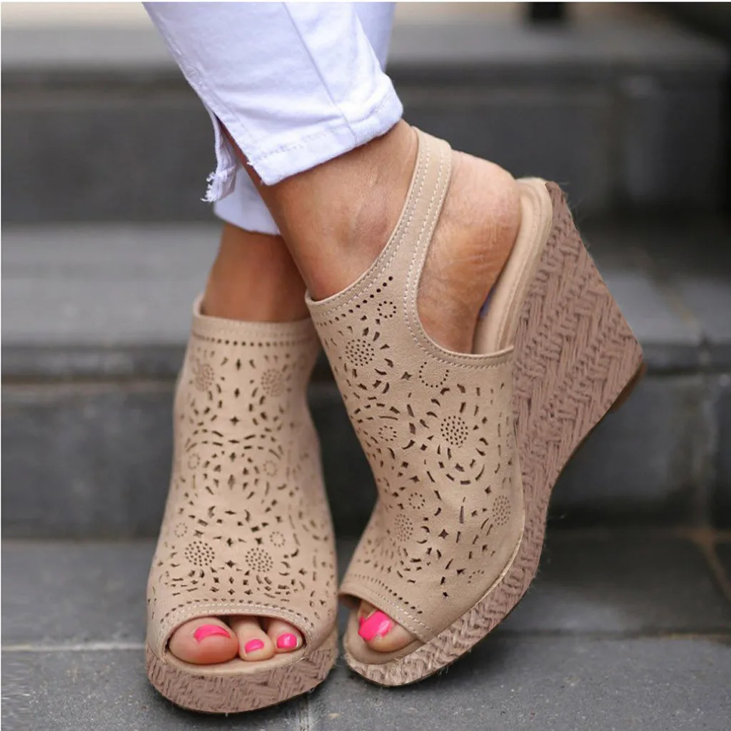 

Summer Hollow Wedges Peep-Toe Straw Sandals Womens Thick Bottom Shoes Roman Sandals Buckle Strap Platform Super High Heels