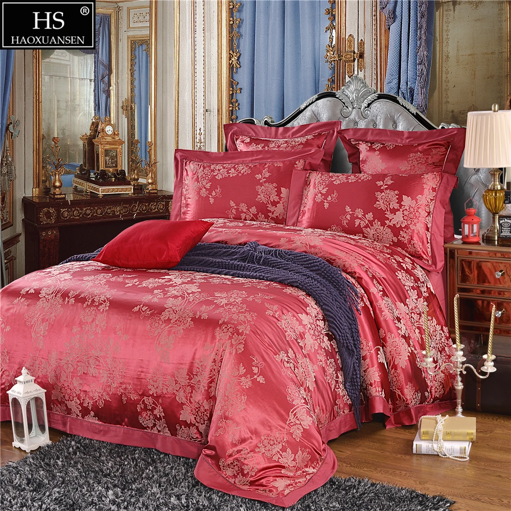 

22Momme Mulberry Silk Jacquard 6Pcs Bedding Sets Rose Red Luxury European Palace Style King Size Duvet Cover BedSheet Pillowcase