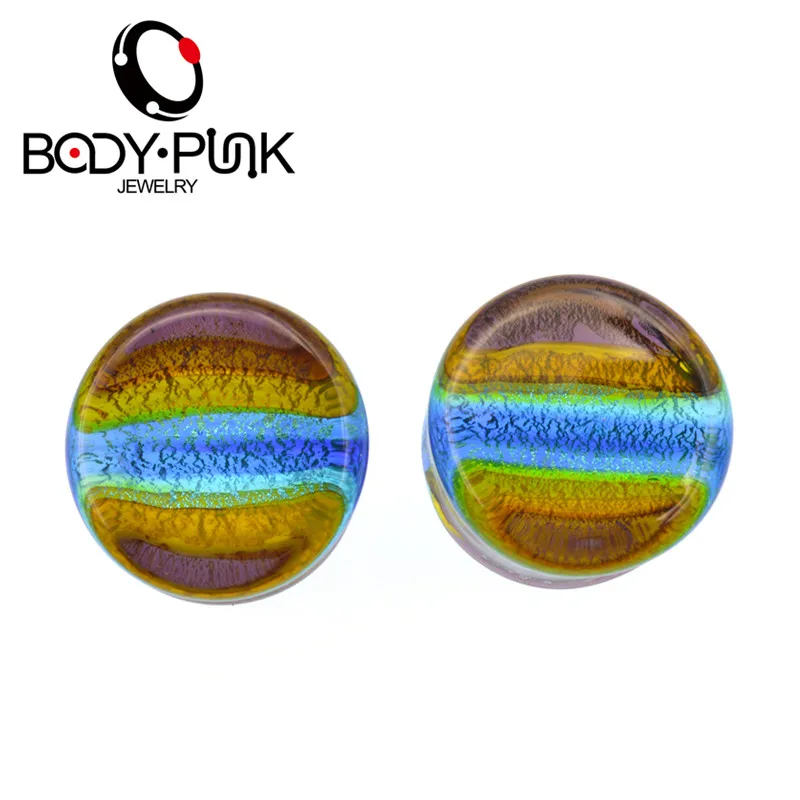 

BODY PUNK European Style Glass Rainbow Stripe Foil Plug Ear Expander Body Piercing Earrings Tunnels Jewelry Ear Plugs 8-25mm 045