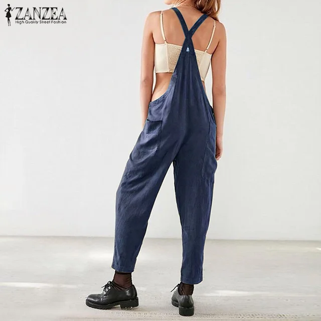 2018 ZANZEA Jumpsuits Strappy Solid Women Cotton Linen Suspender Loose Harem Pants Casual Romper Trousers Dungarees Bib Overalls 1