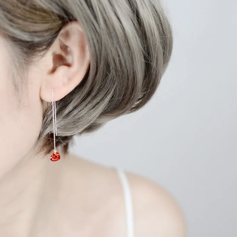 

Cute Long Pin Dangle Earrings Crystal Red Heart Long Tassels Drops Ear Jewelry for Women Girl Gift