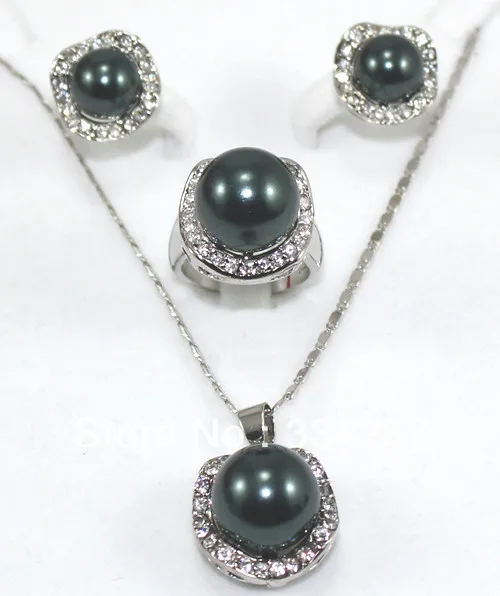 

Fine Jewelry Black South sea shell pearl earring pendant ring set