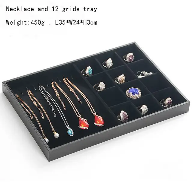 Hot Selling PU Frame Velvet Jewelry Organizer Jewellery Display Ring Box Necklace Earring Holder Various Models for Option necklace 12grid tray