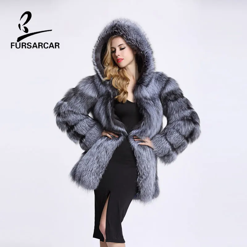 

FURSARCAR Women Real Fur Coats Silver Fox Fashion Fur Jacket Women Fox Fur Winter Warm Outerwear Clothes Striped Style Overcoat
