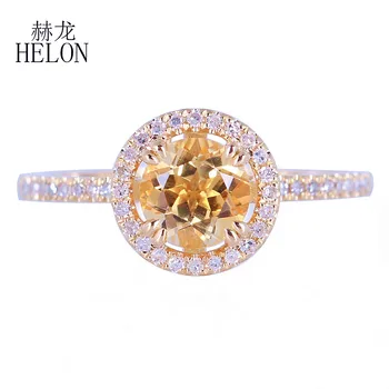 

HELON Fine Diamonds Halo Engagement Wedding Ring Solid 14k Yellow Gold 6.5mm Round Genuine Citrine & Diamonds Ring Jewelry Women