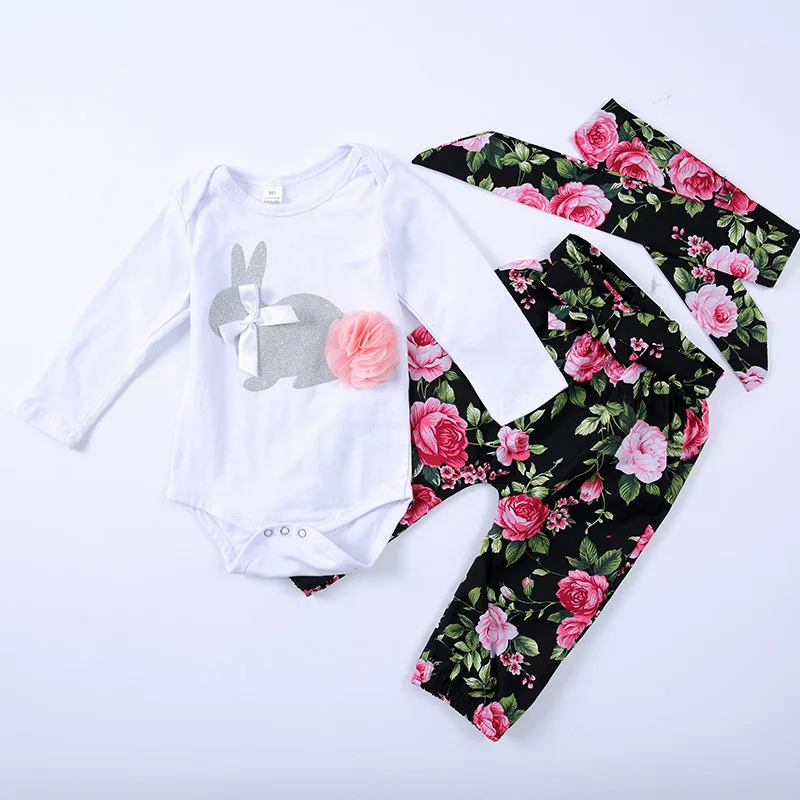 

Baby clothing suits Outfit 2018 Autumn long-sleeved Cartoon rabbit bodysuit+floral pants baby girls clothes set