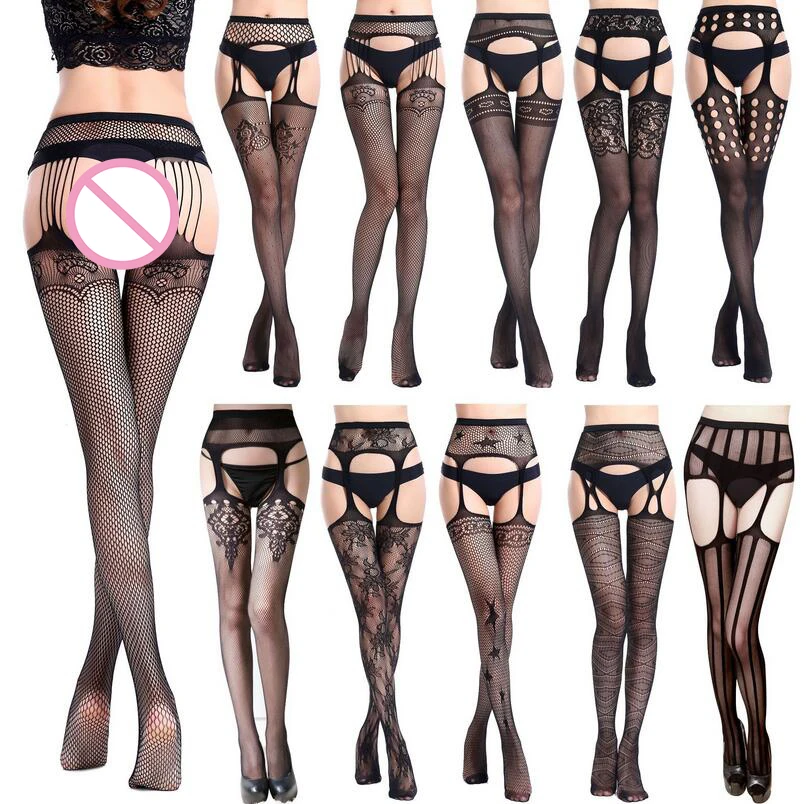 

Women Sexy Lingerie Stripe Elastic Stockings Transparent Black Fishnet Stocking Thigh Sheer Tights Embroidery Pantyhose