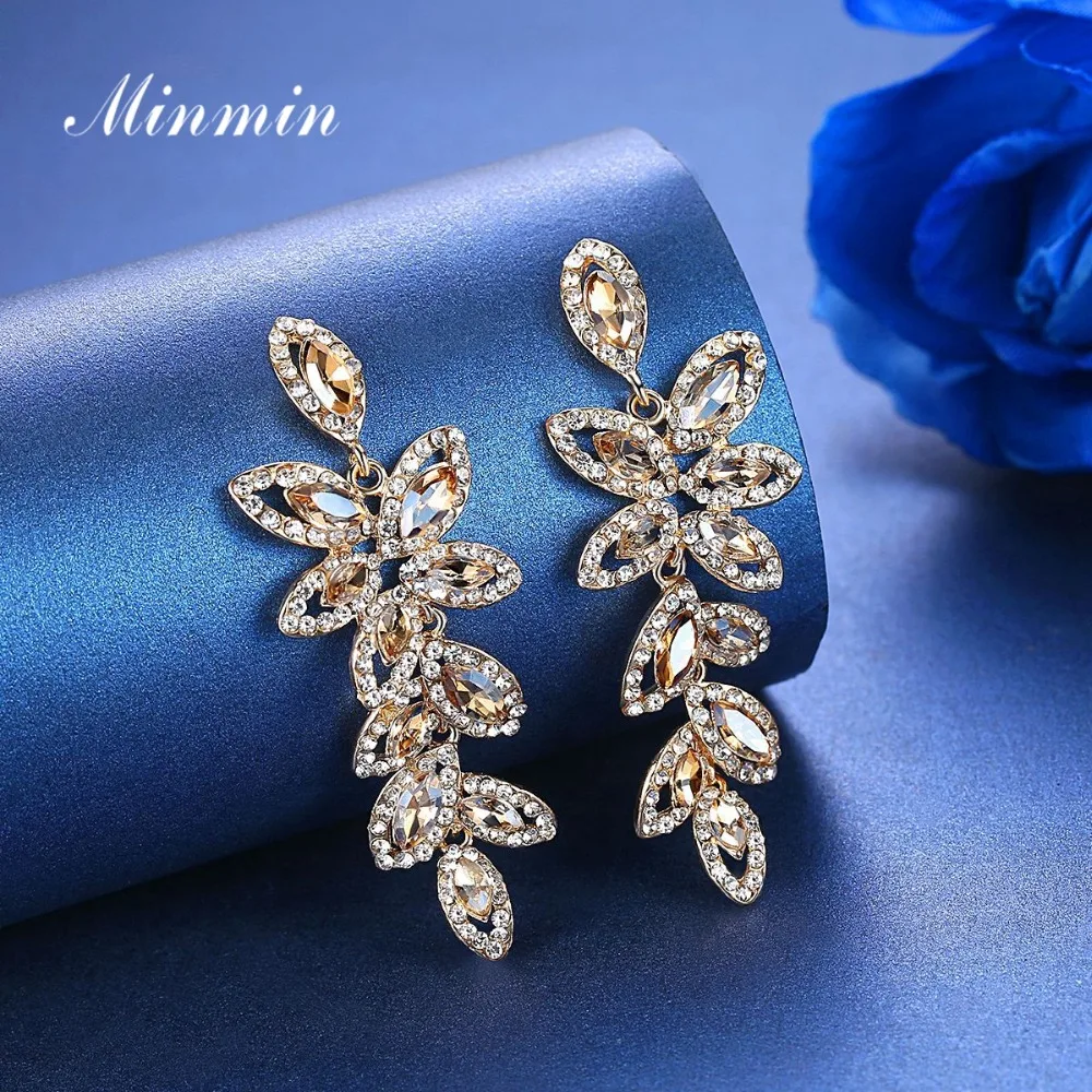Minmin большие длинные висячие серьги с кристаллами для женщин в форме листа золотого цвета корейские свадебные серьги модные вечерние ювелирные изделия EH1084