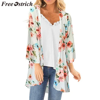 

FREE OSTRICH Women Coat Floral Printed Beach Blouse Three Quarter Sleeve Casual Summer Fashion Women Long Coat 2019 New Arrivals