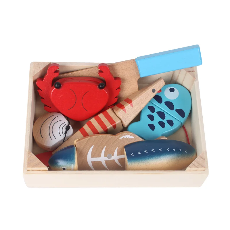  Candywood New High quality Baby Kids Wooden Kitchen Toys Cutting Bread Seafood fish food Set educat