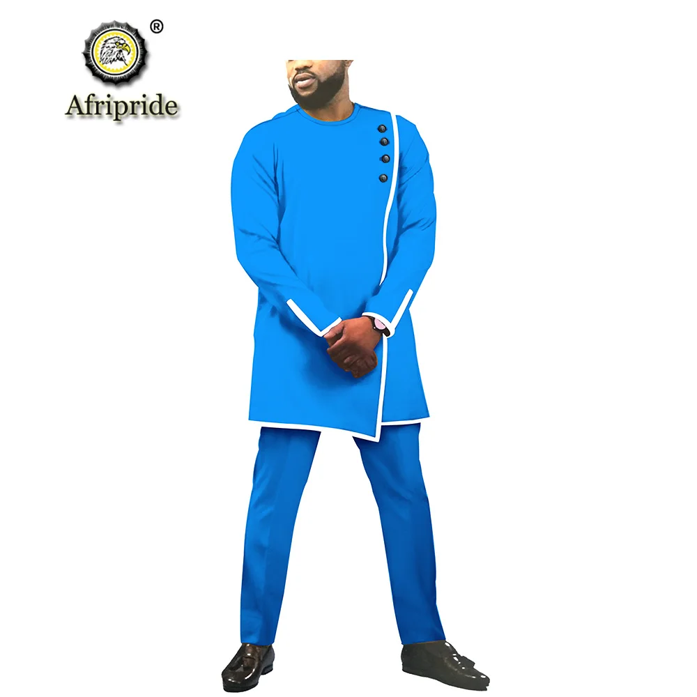 

2019 african men clothes dashiki tops shirts and pants print blouse outfits pure cotton two pieces suits AFRIPRIDE S1916001