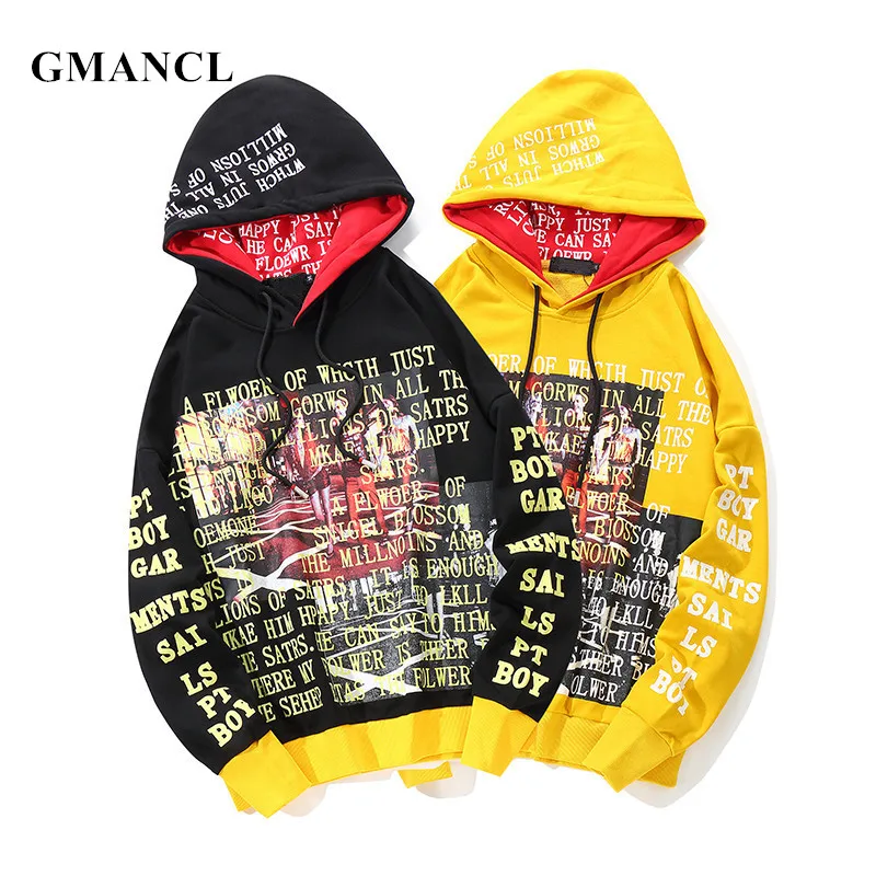 GMANCL Мужской пуловер с капюшоном с буквенным принтом поддельные две части кофты оверсайз повседневные Хип Хоп хлопковые Свободные толстовки уличная одежда