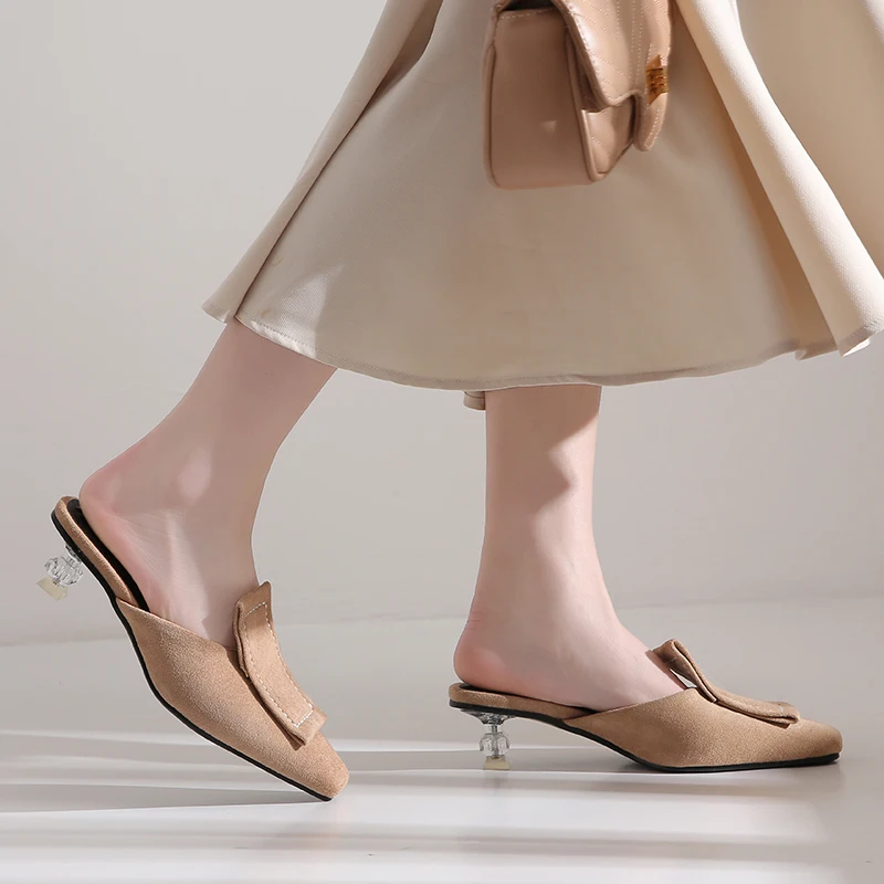 ESRFIYFE/ г. Новые женские шлепанцы больших размеров 34-48 пикантные туфли на высоком каблуке с острым носком Модные женские летние туфли из флока обувь Muller