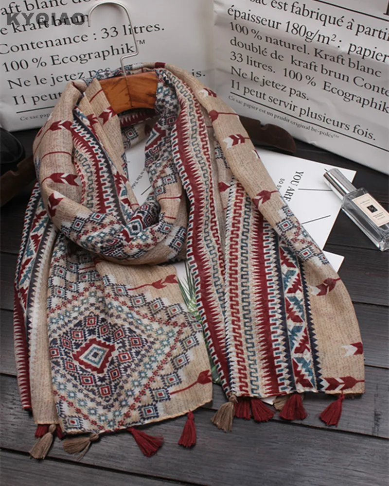 

KYQIAO Boho scarf 2019 women hijab scarf autumn spring female Thailand style ethnic design long bohemian print scarves cape