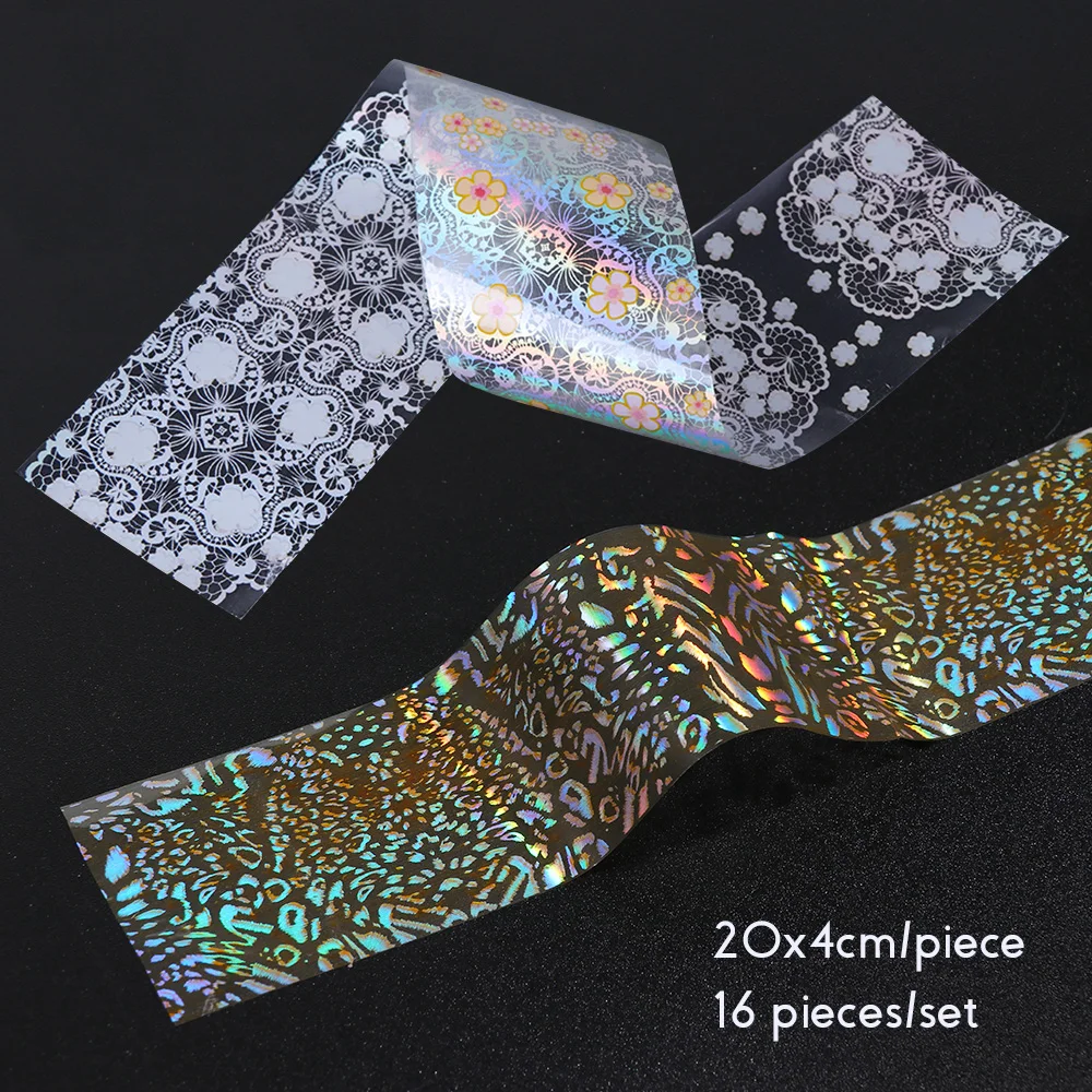 16pcs Nail Foil Set with Transfer Glue White Lace Holographic Flowers Sticker Nail Art UV Gel Full Wraps Decor Manicure LA931-1