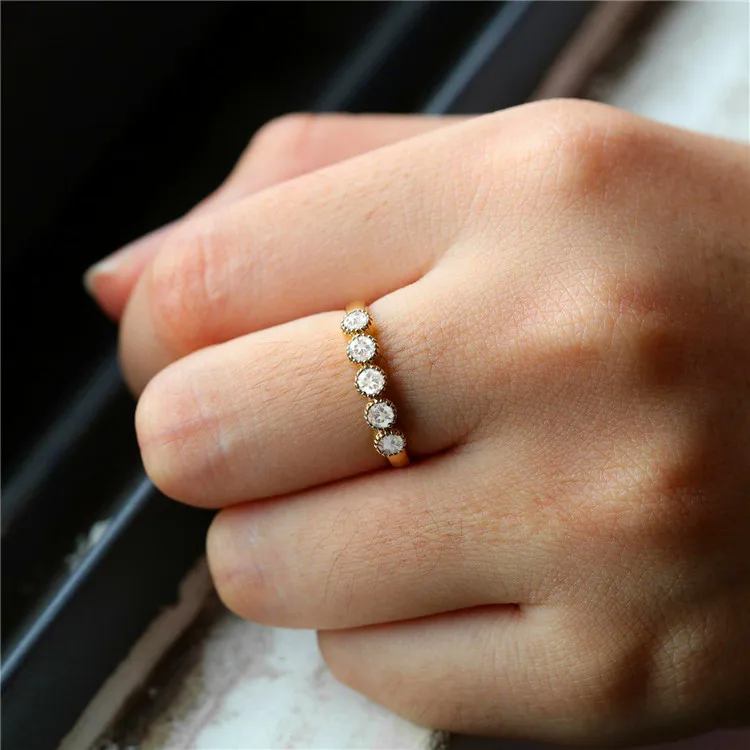 

Minimalist Female Several Small White Stone Ring Cute Yellow Gold Color Wedding Ring Romantic Engagement Promise Rings For Women