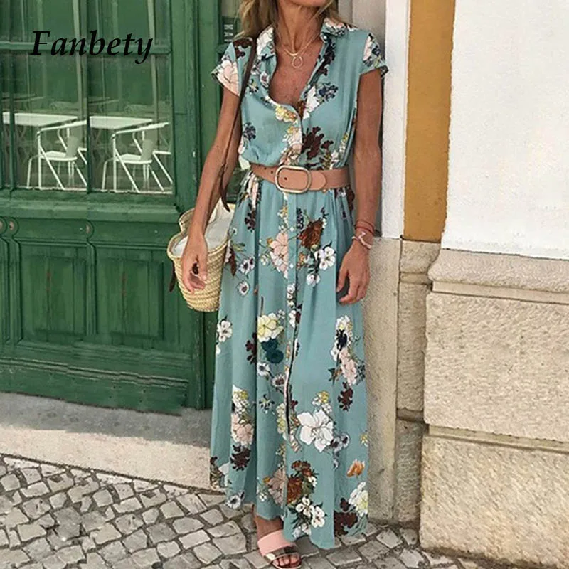 

Fanbety 2XL women Belt Boho Long Maxi Dress Elegant button Short-sleeved trun-down collar Beach Dresses Female shirt Sundress