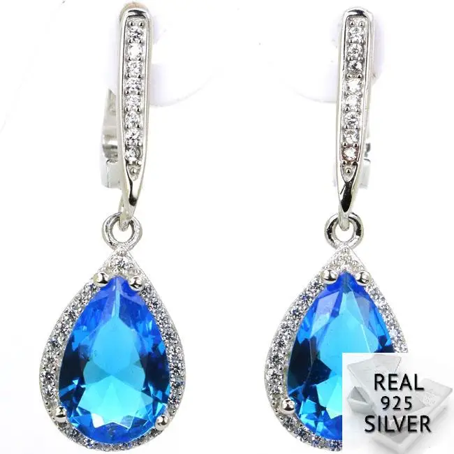 

6.1g Real 925 Solid Sterling Silver Ravishing Paris Blue Topaz CZ SheType Earrings 34x10mm