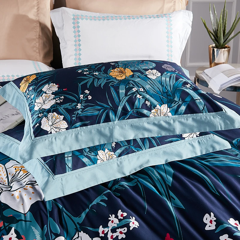 High Density 100S Bedding Sets Navy Blue Plant 3D Flower Printed 4pcs Bed Linen Set Cotton Double Bedsheet Set Queen King Size