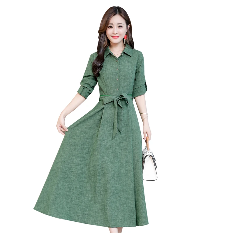2018 New Autumn Fashion Women's Clothing Button Turn down Collar Dress Long Sleeves Sashes