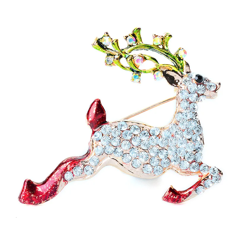 

QCOOLJLY Enamel Running Deer Brooches Pins Corsage Christmas Gifts New Year Fashion Women Rhinestones Christmas Brooch