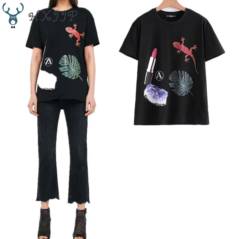 

2019 Spring Summer Gecko Lipstick Print Black Short-sleeved T-shirt Is Popular In Women's College O-Neck Women Tshirt