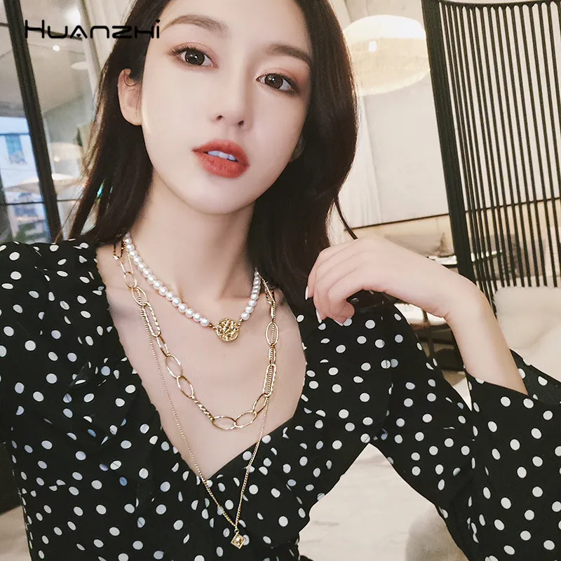 

HUANZHI Multi-layer Imitation Pearls Choker Square Pendant Gold Color Metal Chic Long Chain Necklaces For Women Party Jewelry