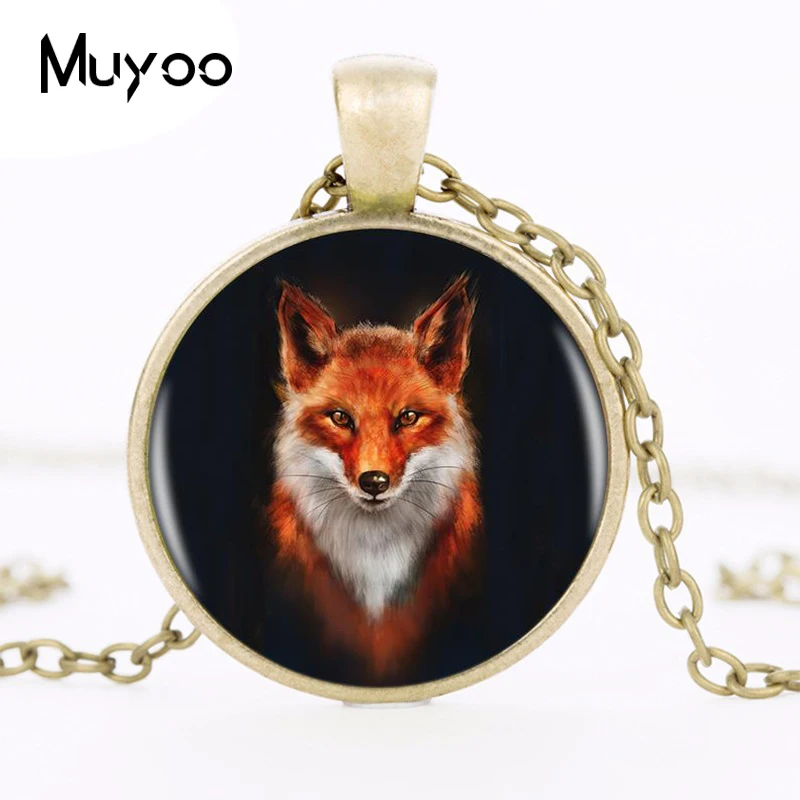 Women Jewelry Fox Pendant Necklace Handmade Resin Vintage Cabochon Tibetan Round Chain