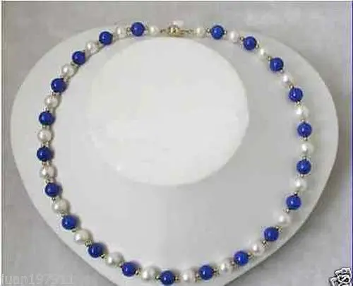 

RHJ0049 stunning 8mm round white freshwater pearls blue lapis lazuli necklace