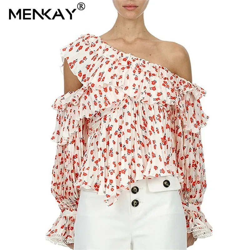 

[MENKAY] Women Lady Female Print Off Shoulder Sexy Blouse Women Asymmetrical Ruffles Lantern Sleeve Ruched Beach shirt Summer