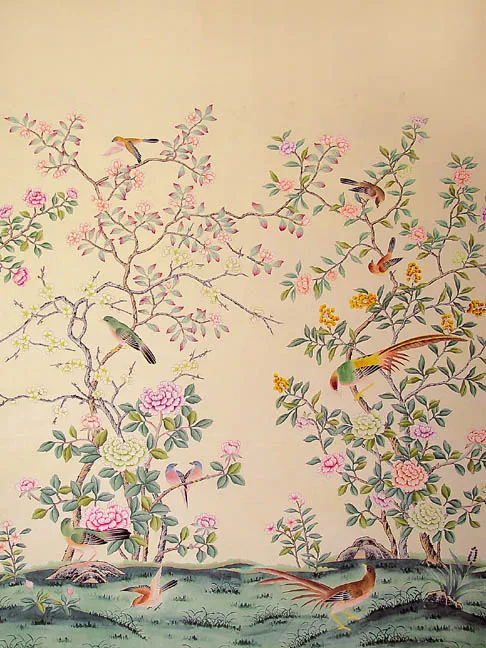 

Classic style elegant Hand-painted silk wallpaper painting flowers with birds wallcovering many patterns and background optional