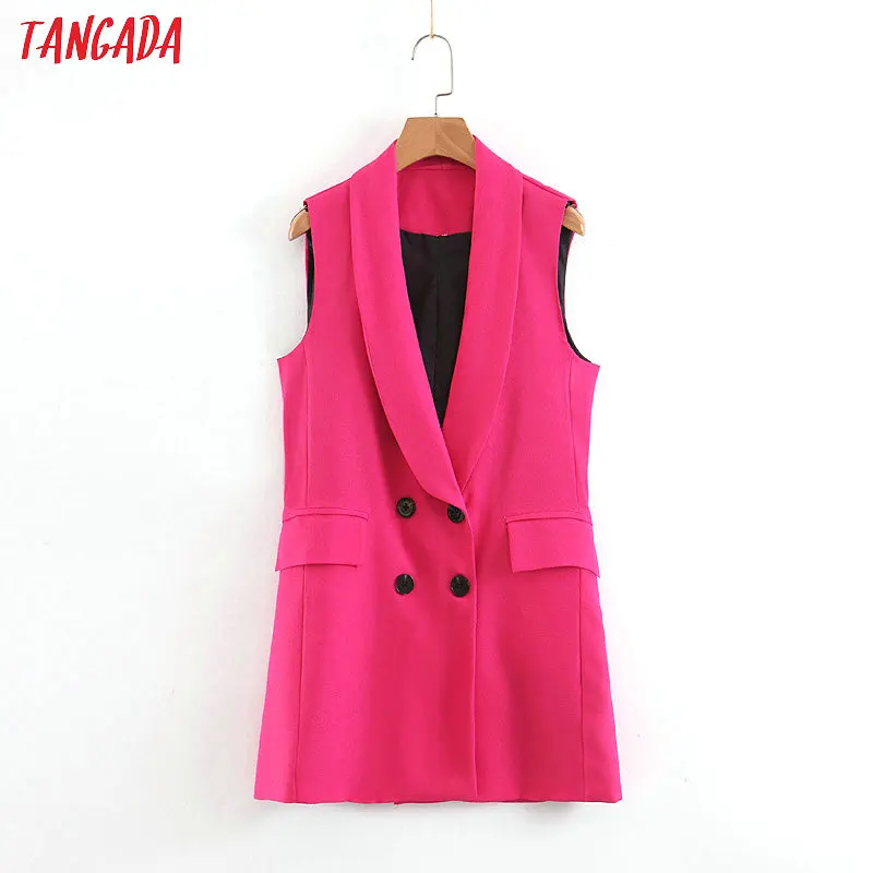 Tangada woman pockets hotpink long vest coat office ladies waistcoat sleeveless blazer double breasted outwear elegant top SL409