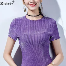 Kislady Blusas Mujer De Moda летние блестящие шелковые женские блузки с круглым вырезом розовые фиолетовые модные повседневные шифоновые блузки в полоску