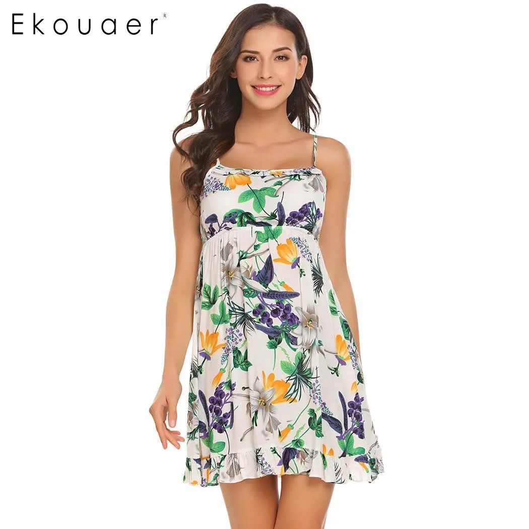 Ekouaer Cotton Nightgown Women Spaghetti Strap Sleeveless Ruffle