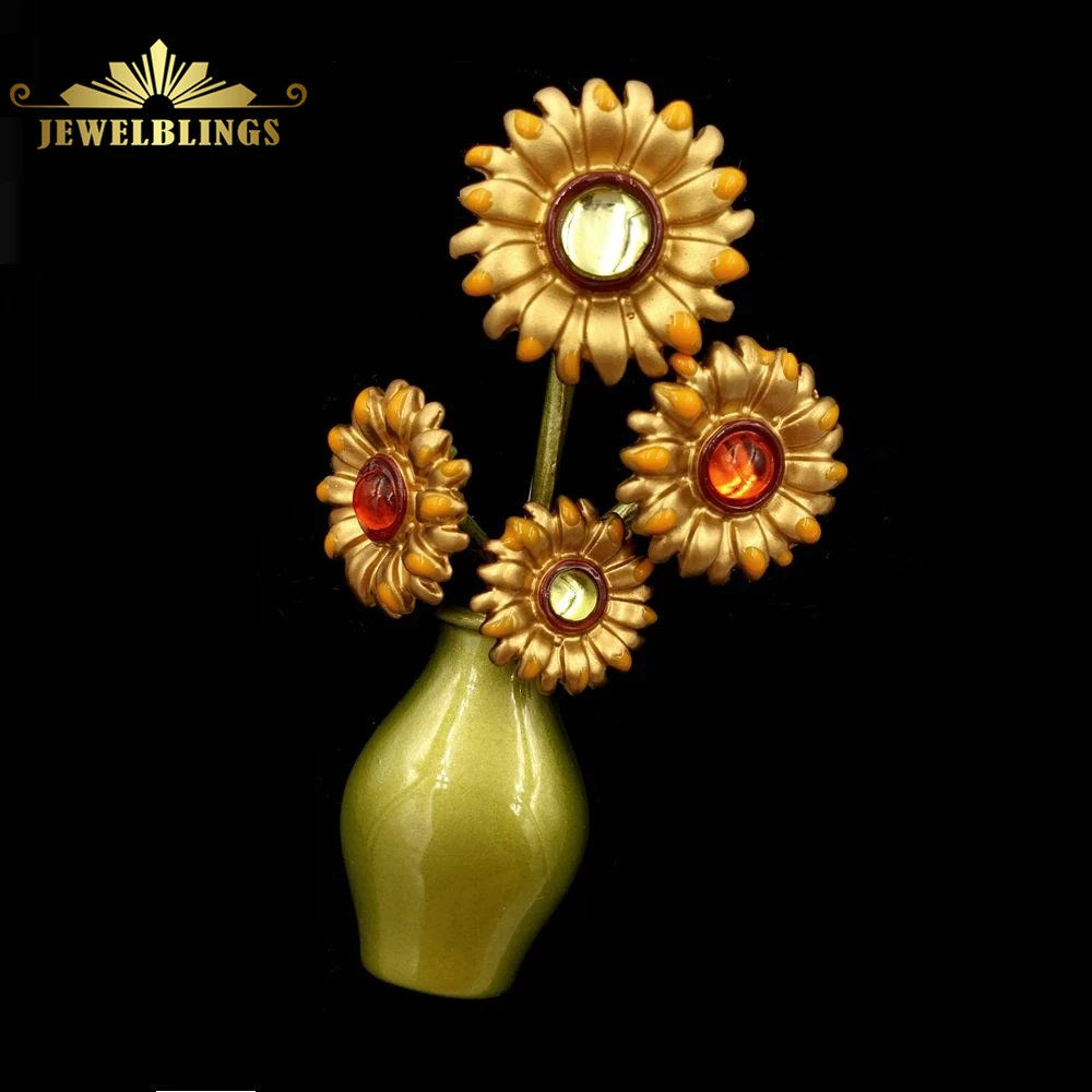 

Vintage Style Metallic Sun Flowers Vase Brooches Gold Tone Crystal Deco Bouquet Floral Enameled Green Vase Pins Broach for Women
