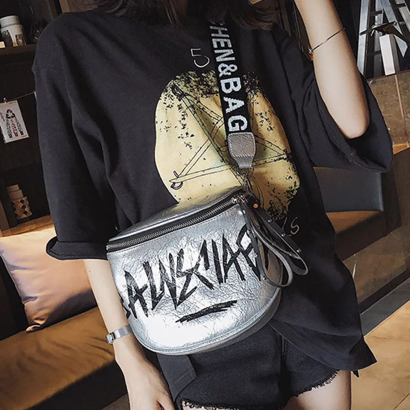 PU Leather Letter Shoulder Bag with Letter Wide Strap Fashion Silver