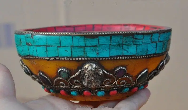 

TIBET BUDDHISM RELIGION RED CORAL TURQUOISE BEESWAX BUDDHA BEAD OFFERING BOWL
