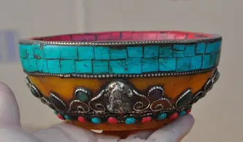 

TIBET BUDDHISM RELIGION RED CORAL TURQUOISE BEESWAX BUDDHA BEAD OFFERING BOWL