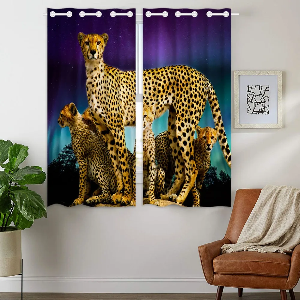 

HommomH Curtains (2 Panel) Grommet Top Darkening Blackout Room Cheetah Mother And Her Baby Forest Night